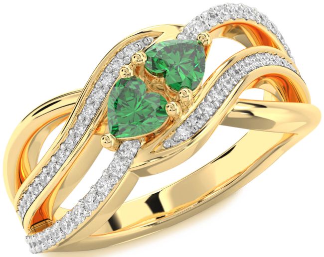 Diamond Emerald Gold Silver Two Heart Birthstone Ring