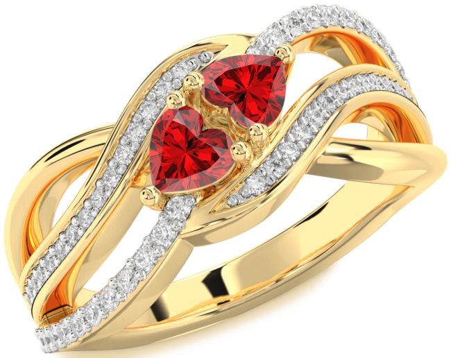 Diamond Ruby Gold Two Heart Birthstone Ring