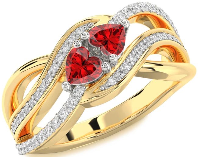 Diamond Ruby Gold Silver Two Heart Birthstone Ring