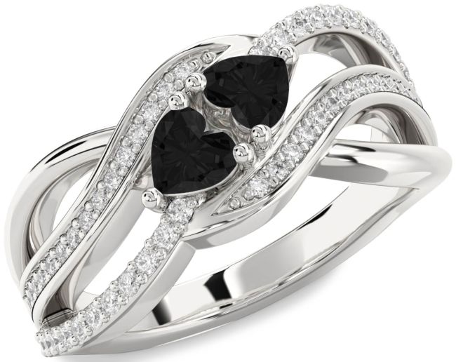 Black Diamond Silver Two Heart Ring