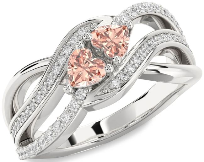 Diamond Morganite Silver Two Heart Ring