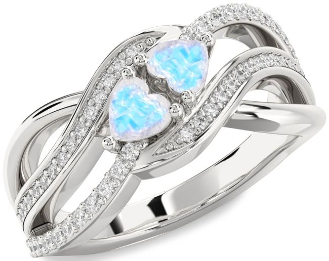 Diamond Moonstone Silver Two Heart Ring