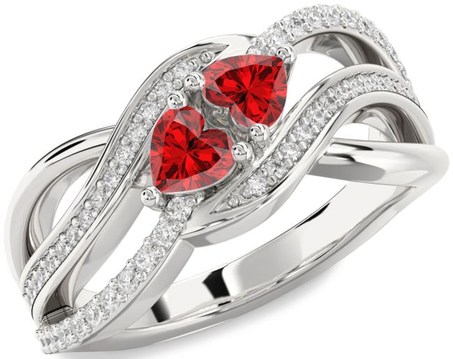 Diamond Ruby Silver Two Heart Birthstone Ring