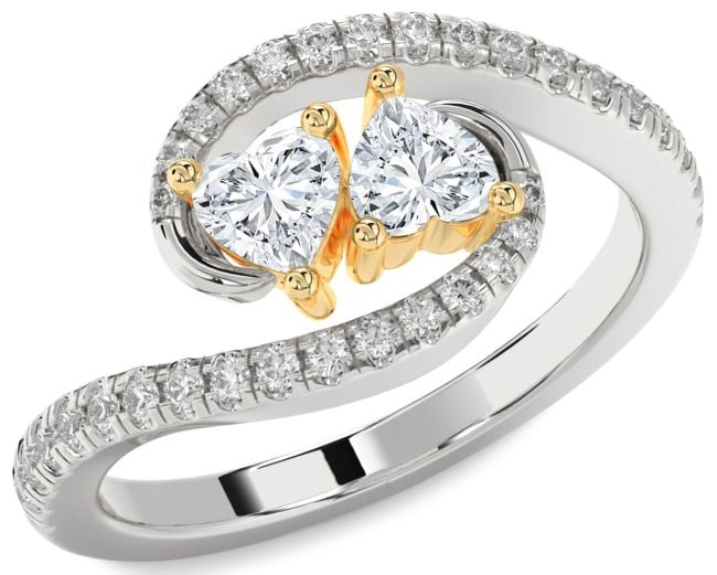 Diamond Gold Silver Two Heart Ring