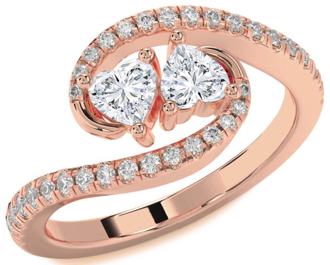 Diamond Rose Gold Silver Two Heart Ring