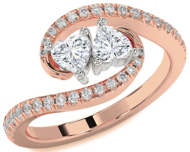 Diamond Rose Gold Silver Two Heart Ring