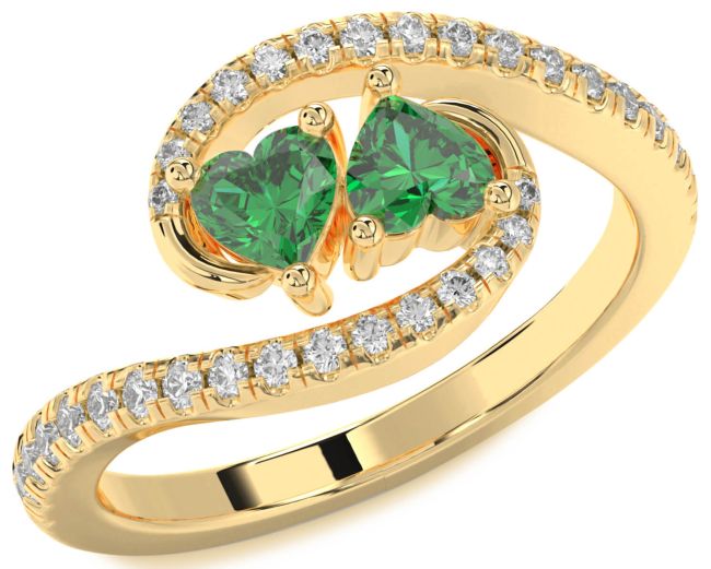 Diamond Emerald Gold Two Heart Birthstone Ring
