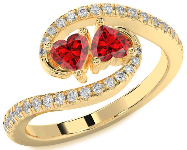 Diamond Ruby Gold Two Heart Birthstone Ring