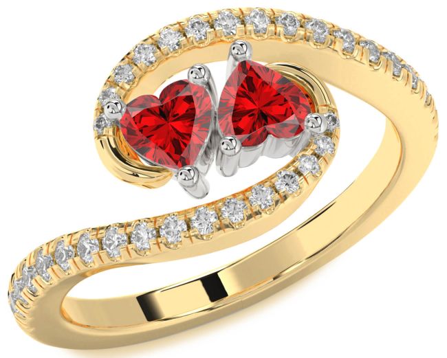 Diamond Ruby Gold Silver Two Heart Birthstone Ring