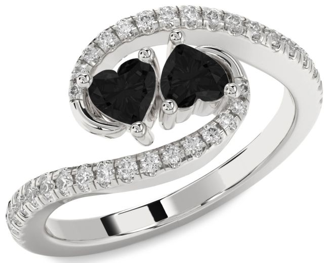 Black Diamond Silver Two Heart Ring