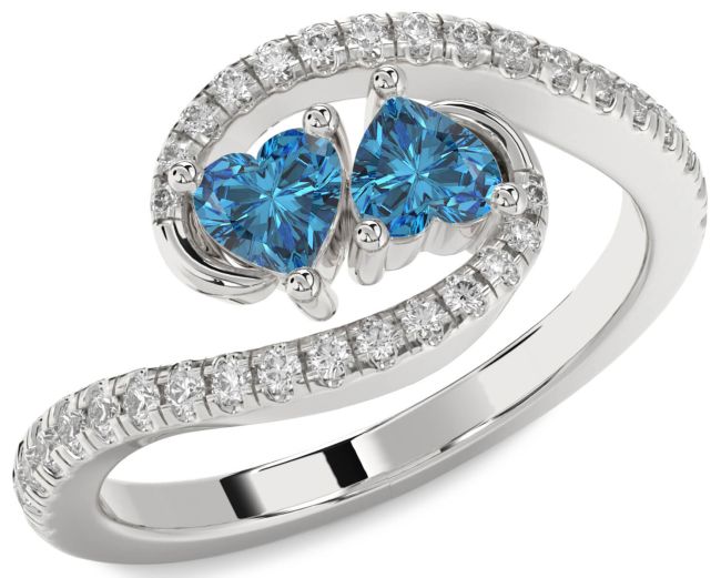 Blue Diamond Silver Two Heart Ring