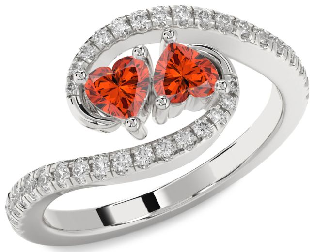 Diamond Fire Opal Silver Two Heart Ring