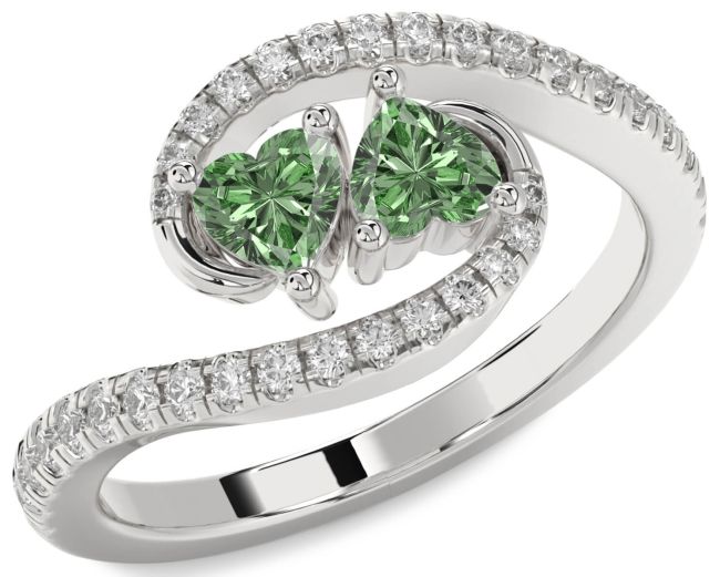 Green Diamond Silver Two Heart Ring