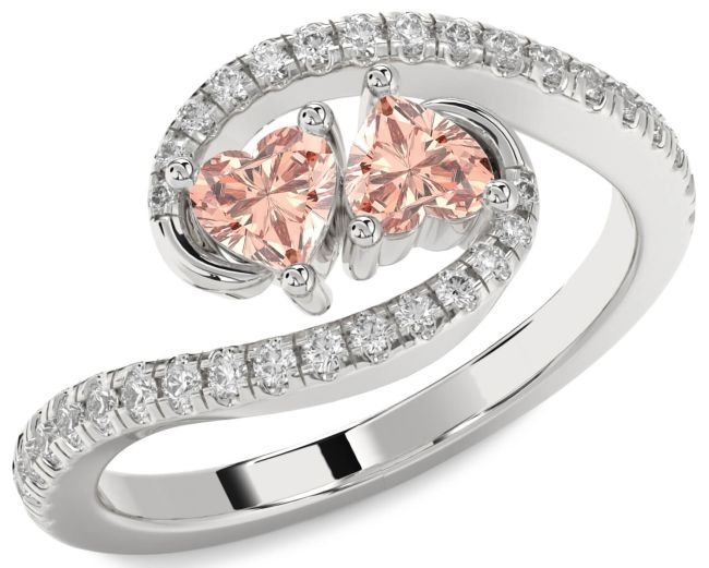 Diamond Morganite Silver Two Heart Ring