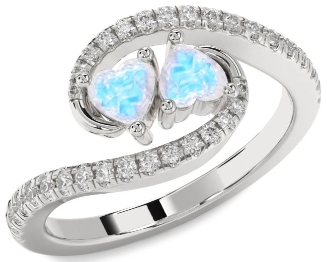 Diamond Moonstone Silver Two Heart Ring