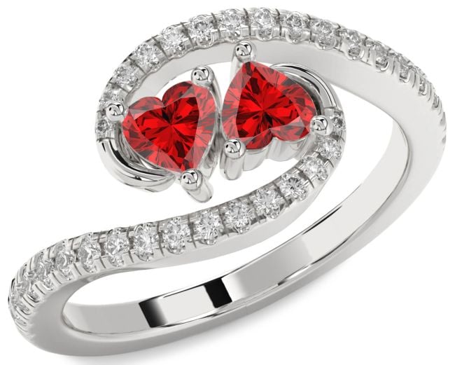 Diamond Ruby Silver Two Heart Birthstone Ring