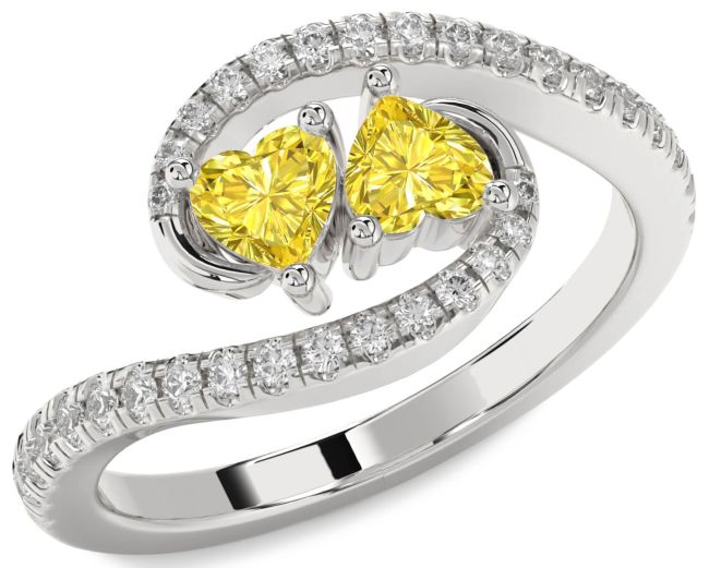 Yellow Diamond Silver Two Heart Ring