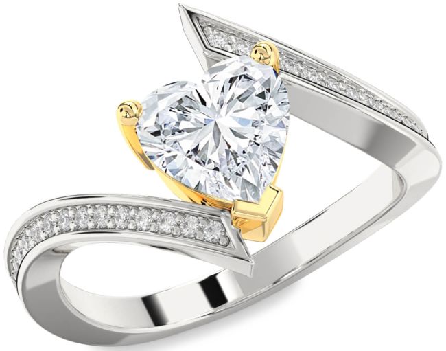 Diamond Silver & 10K gold Heart Solitaire Pave Engagement Ring