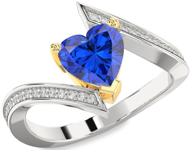 Diamond Blue Sapphire White Yellow Gold Heart Solitaire Pave Engagement Ring