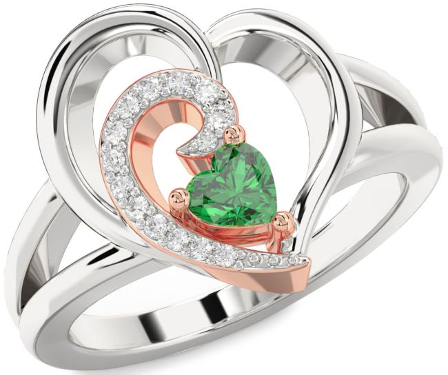 Diamond Emerald Rose Gold Silver Heart Promise Ring