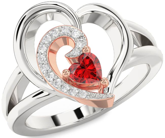 Diamond Ruby Platinum & Rose Gold Heart Promise Ring