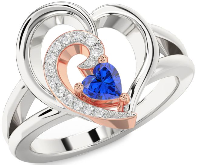 Diamond Blue Sapphire Rose Gold Silver Heart Promise Ring