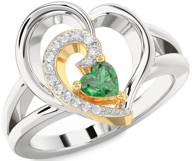 Diamond Emerald Silver & 10K gold Heart Promise Ring