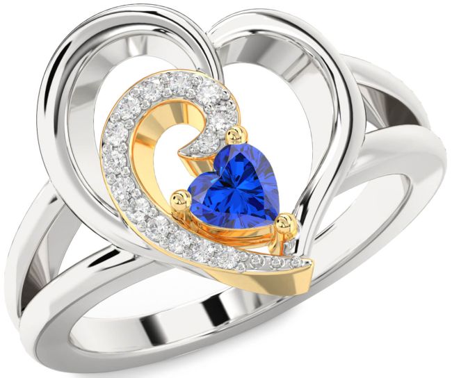 Diamond Blue Sapphire Silver & 10K gold Heart Promise Ring