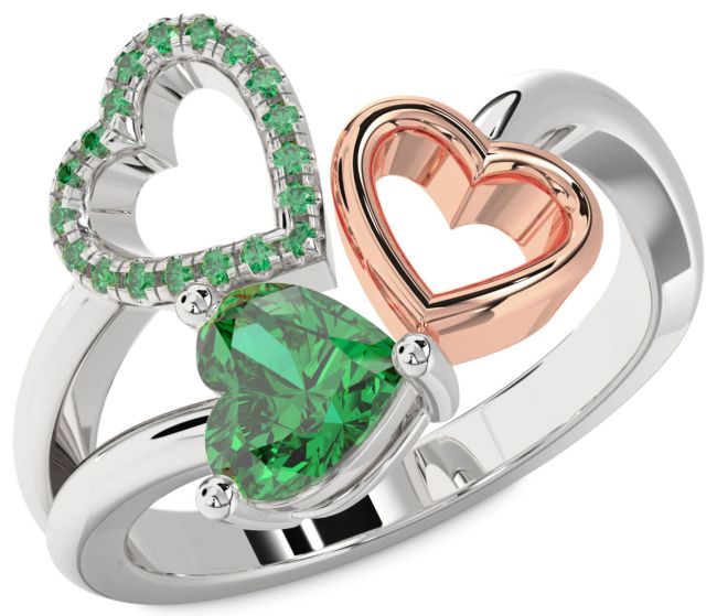 Emerald Rose Gold Silver Heart Ring