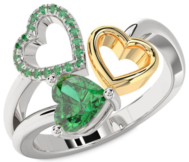 Emerald Gold Silver Heart Ring