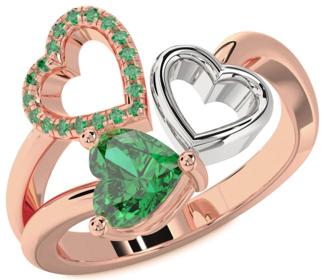 Emerald Rose Gold Silver Heart Ring