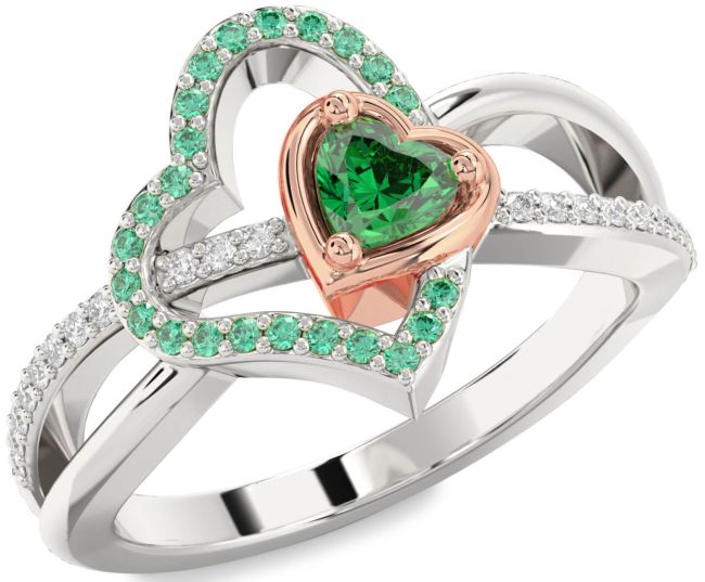 Diamond Emerald Rose Gold Silver Heart Ring