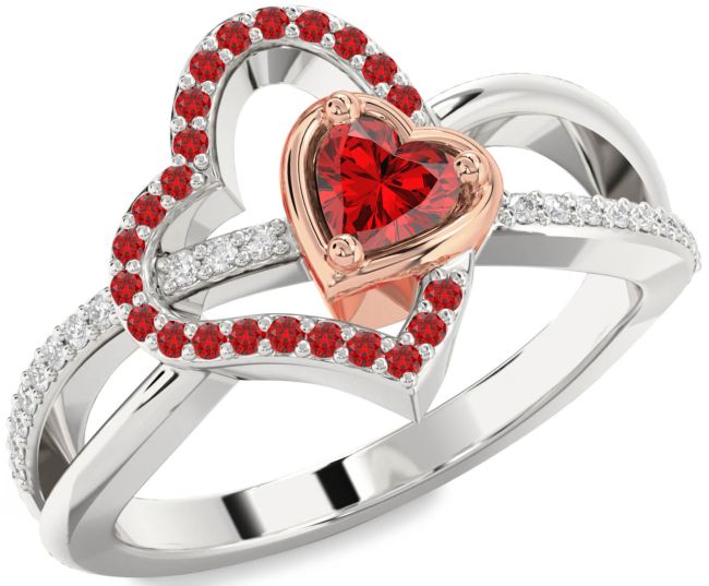 Diamond Ruby Rose Gold Silver Heart Ring