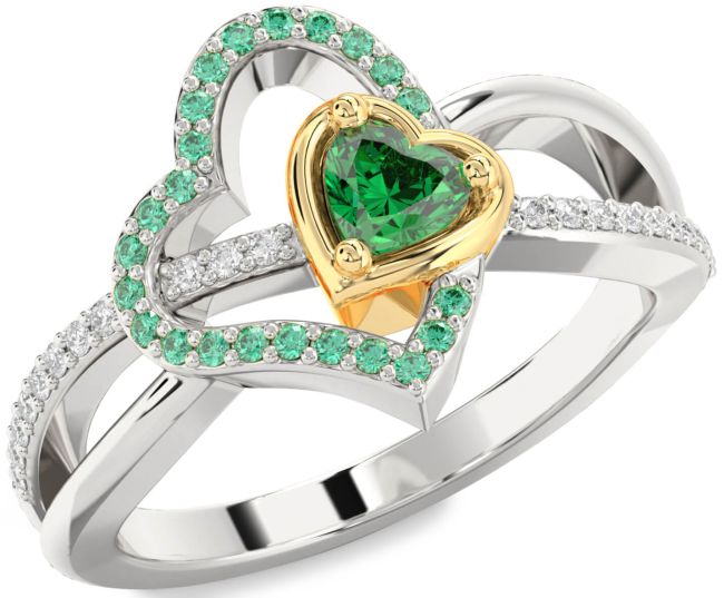 Diamond Emerald Gold Silver Heart Ring
