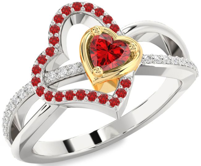 Diamond Ruby Gold Silver Heart Ring