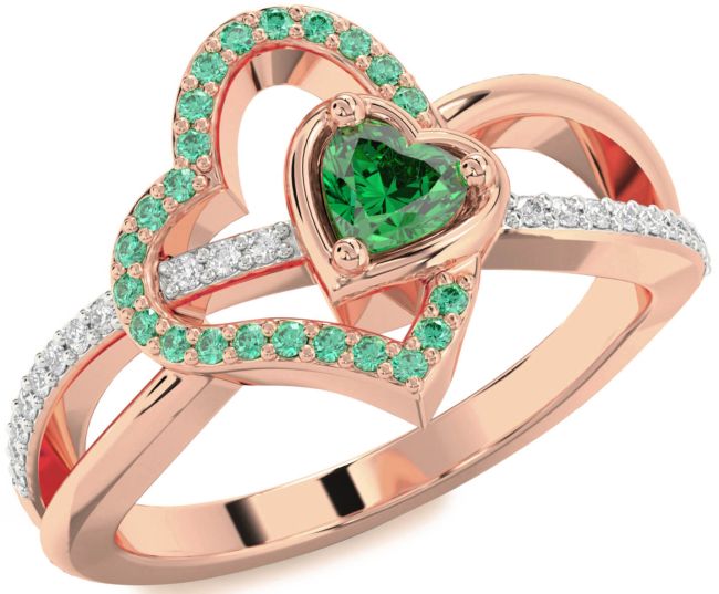 Diamond Emerald Rose Gold Heart Ring