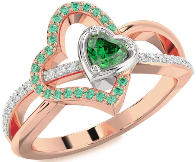 Diamond Emerald Rose Gold Silver Heart Ring