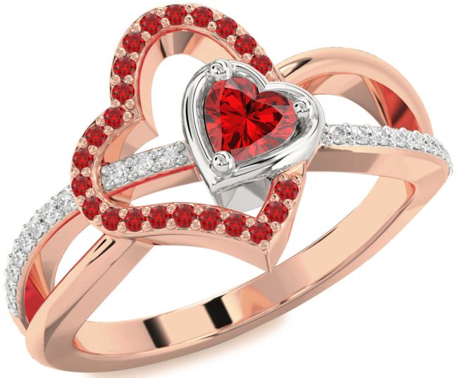 Diamond Ruby Rose Gold Silver Heart Ring