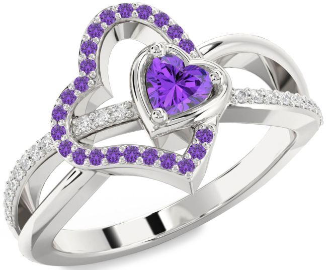 Diamond Amethyst Silver Heart Ring