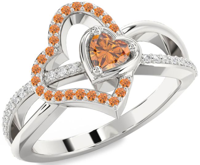 Diamond Citrine Silver Heart Ring