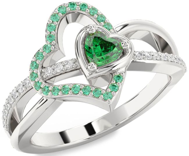 Diamond Emerald Silver Heart Ring