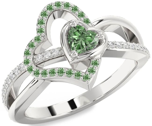 Green Diamond Silver Heart Ring