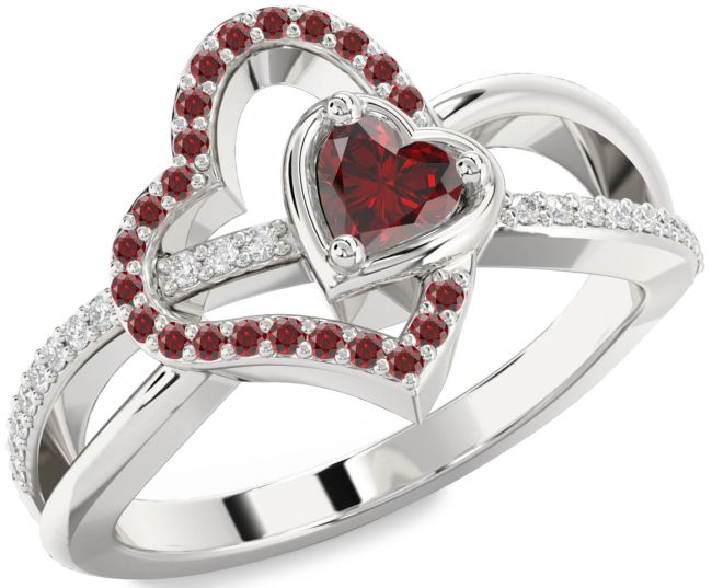 Diamond Garnet Silver Heart Ring