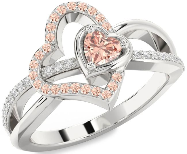 Diamond Morganite Silver Heart Ring