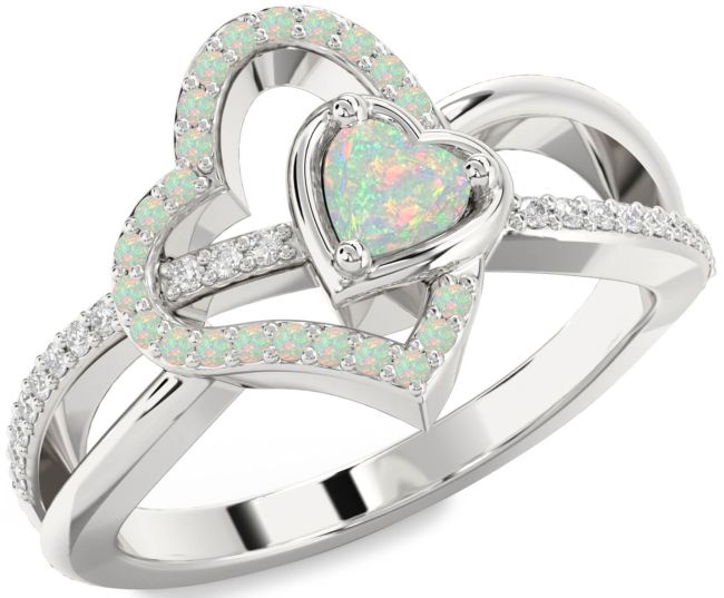 Diamond Opal Silver Heart Ring