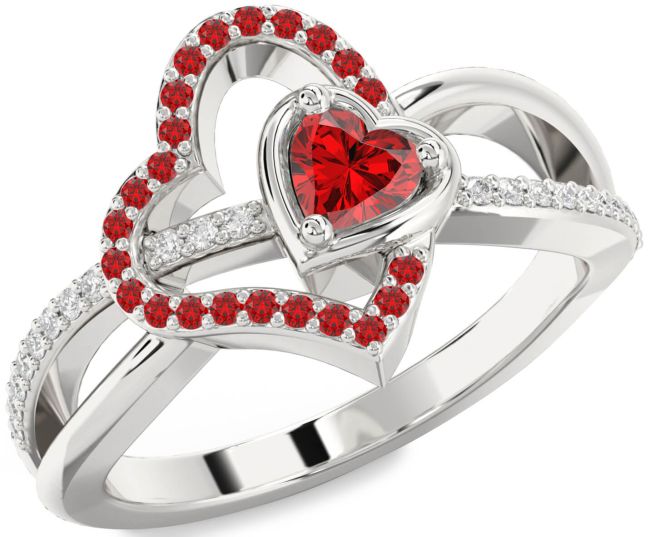 Diamond Ruby Silver Heart Ring