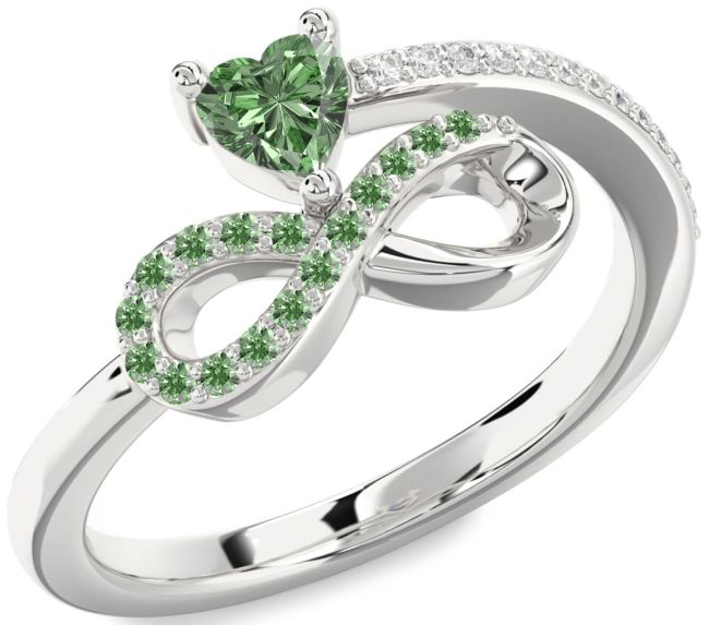 Green Diamond Silver Infinity Heart Ring