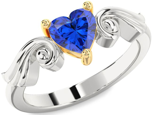 Blue Sapphire Silver & 10K gold Heart Solitaire Engagement Ring