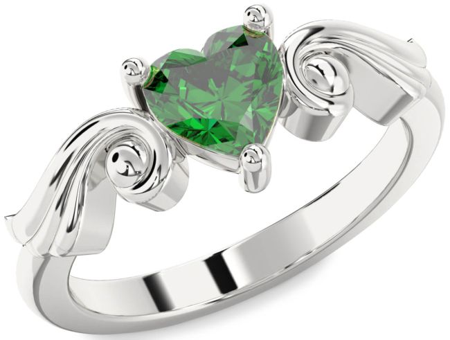 Emerald Silver Heart Solitaire Engagement Ring