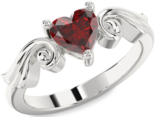 Garnet Silver Heart Solitaire Engagement Ring